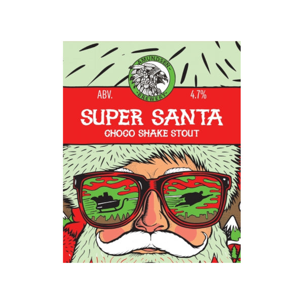 Super Santa Choco Shake Stout label with a cartoon Santa Claus wearing sunglasses.
