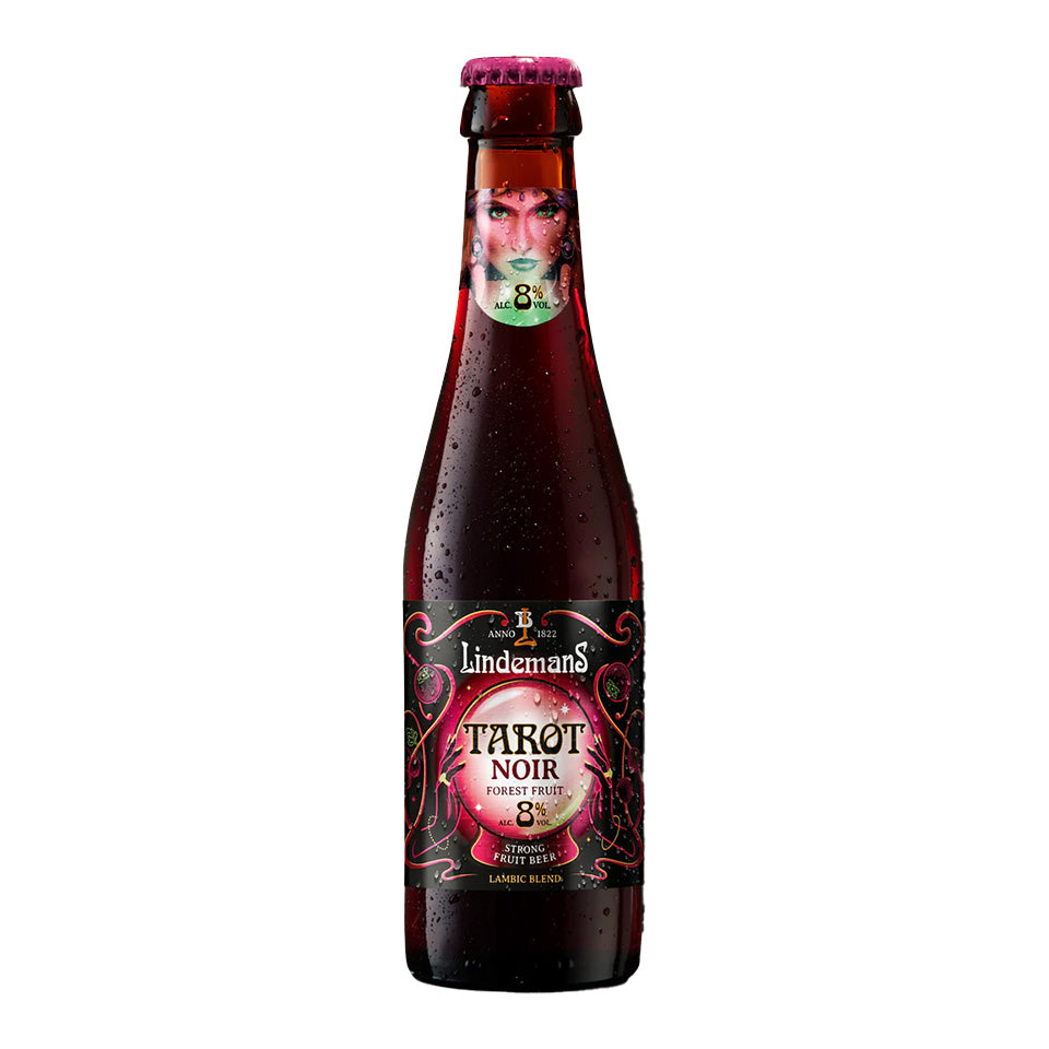 Bottle of Lindemans Tarot Noir beer on a white background