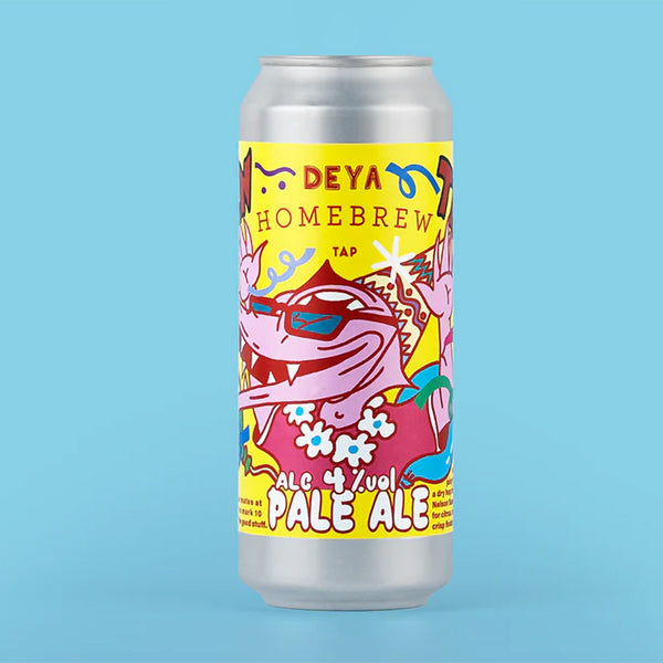 Silver can with colorful Deya Homebrew Pale Ale label on a blue background