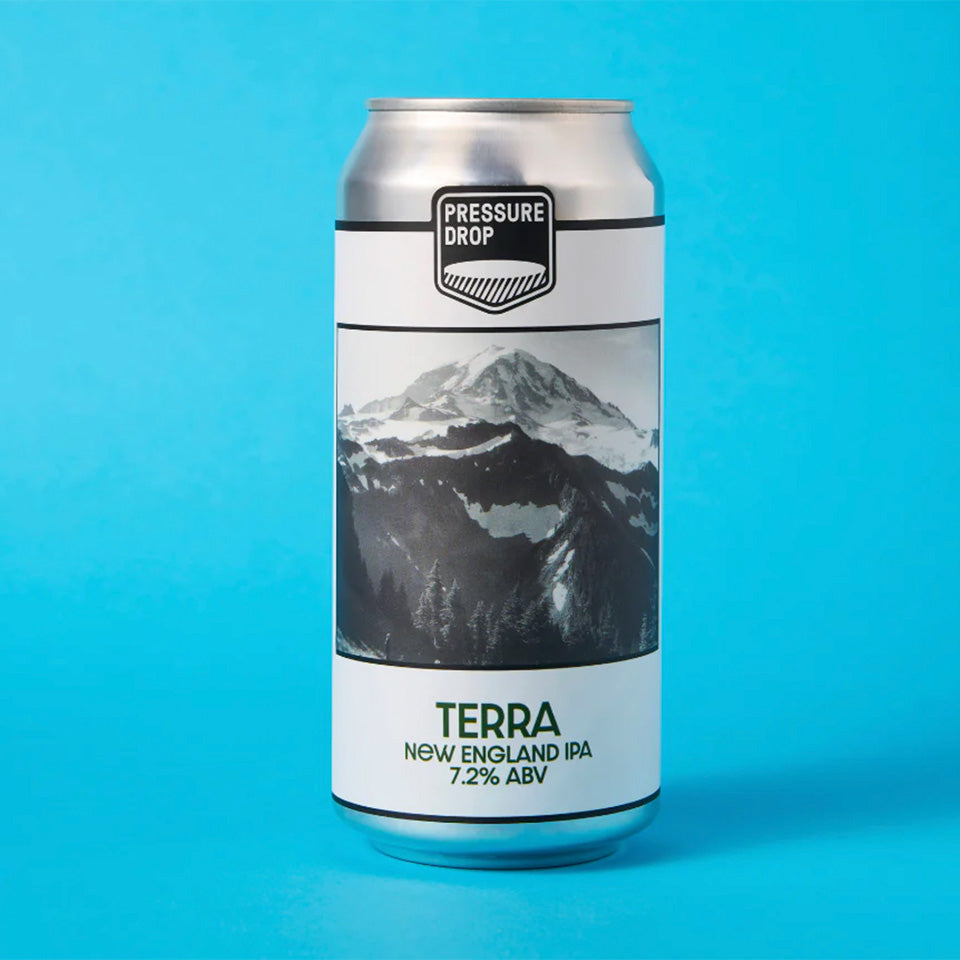Beer can labeled 'Terra' with mountain graphic on a blue background
