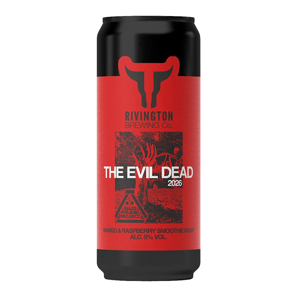 Can of Rivington Brewing Co, The Evil Dead 2026, Mango & Raspberry Smoothie Sour, 5.0%, 500ml on a white background