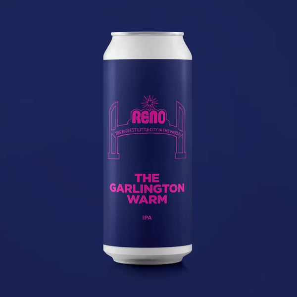 Beer can with 'Reno' branding on a dark blue background