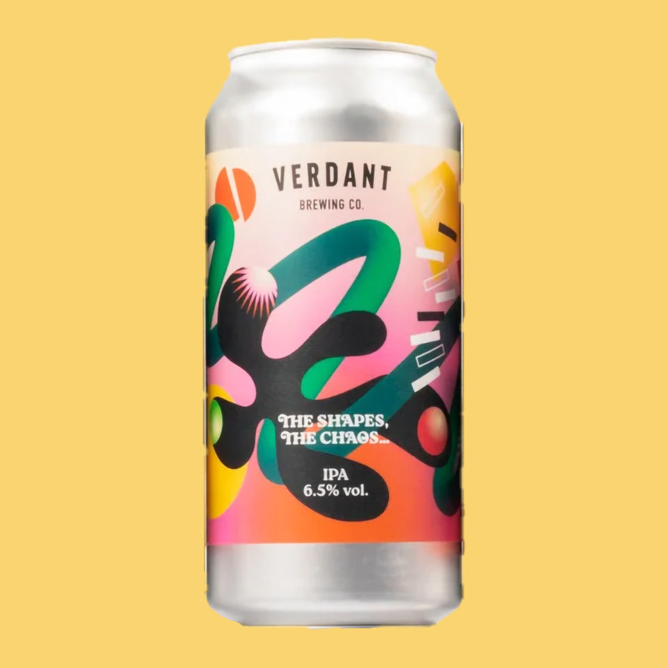Vibrant beer can with colorful design and 'Verdant Brewing Co.' branding on a yellow background