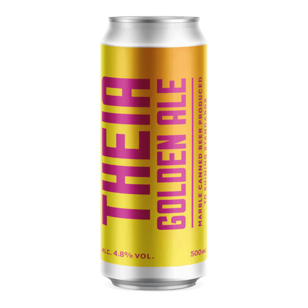 Can of 'Their Golden Ale' with yellow and pink label on a white background