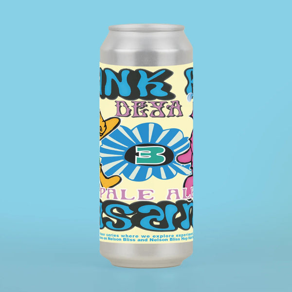 Beer can with colorful design on a blue background