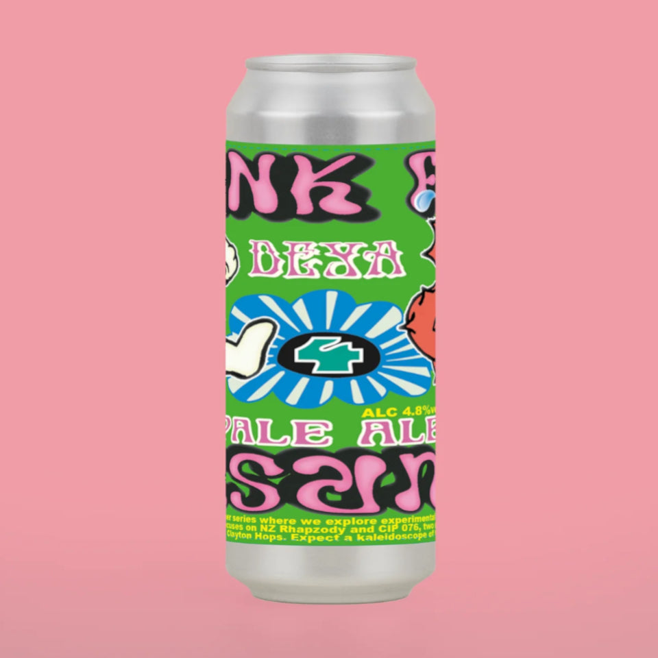 Beer can with colorful design on a pink background