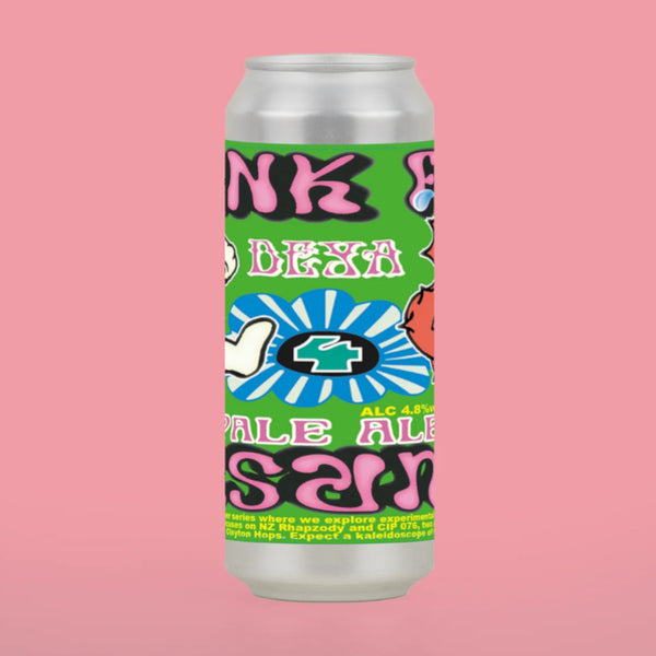 Beer can with colorful design on a pink background