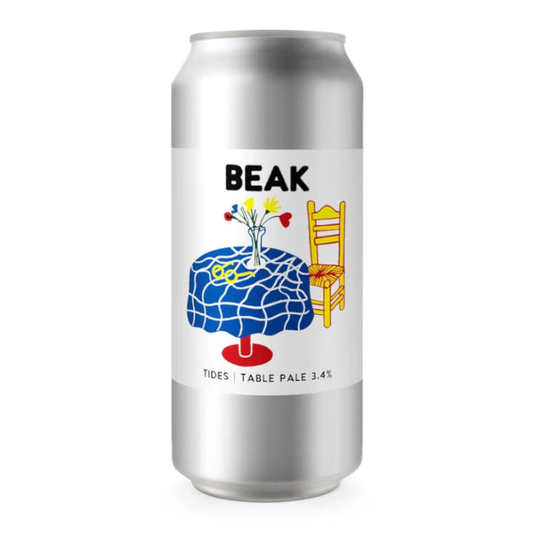 A silver aluminum beer can with a white label featuring the brand name 'BEAK' and a colorful illustration of a blue patterned table, yellow chair, and flowers. The label also reads 'TIDES | TABLE PALE 3.