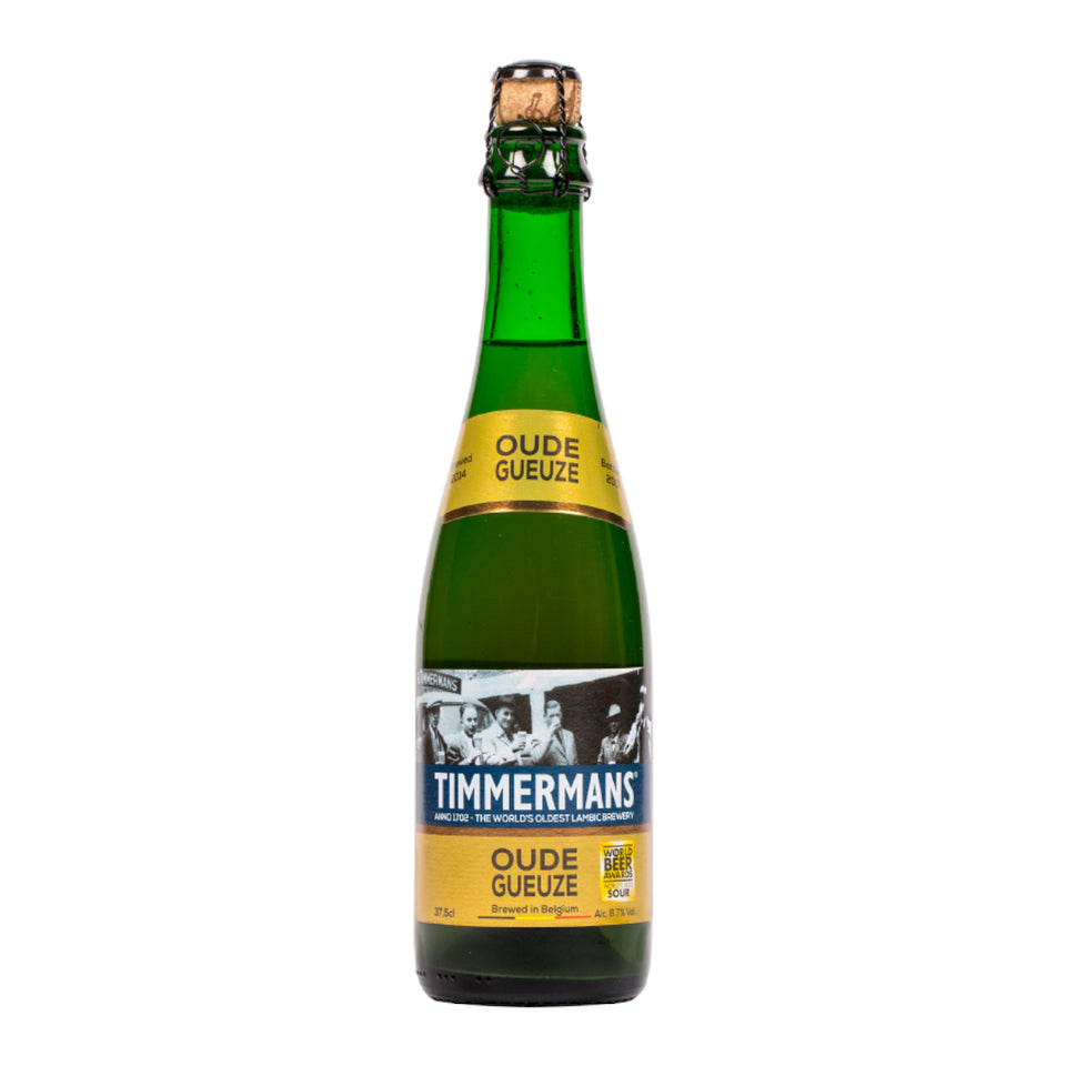 Green beer bottle with Timmermans label on a white background
