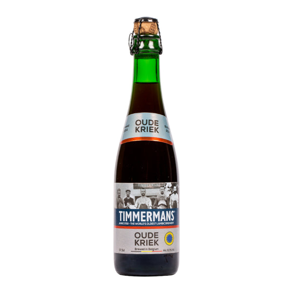 Bottle of Timmermans Oude Kriek beer on a white background