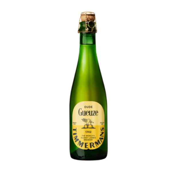 Green bottle of Mermans Gueuze beer with a gold cap on a white background