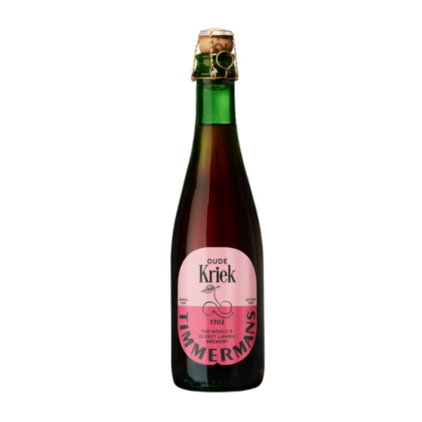 Bottle of Oude Kriek with a pink label on a white background