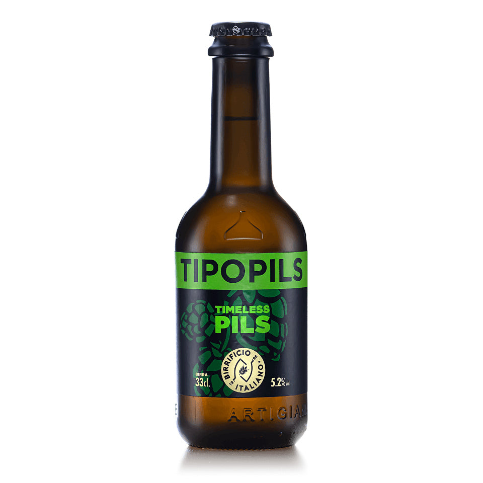 Brown beer bottle with green label on a white background