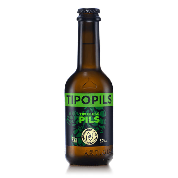 Brown beer bottle with green label on a white background