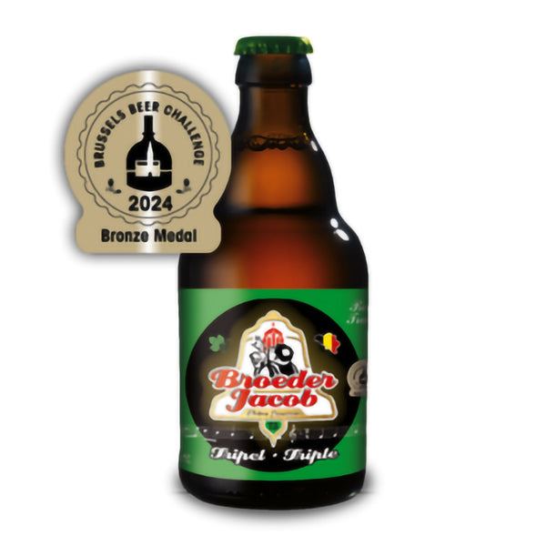 Broeder Jacob beer bottle with a bronze medal badge from the Brussels Beer Challenge 2024 on a white background.