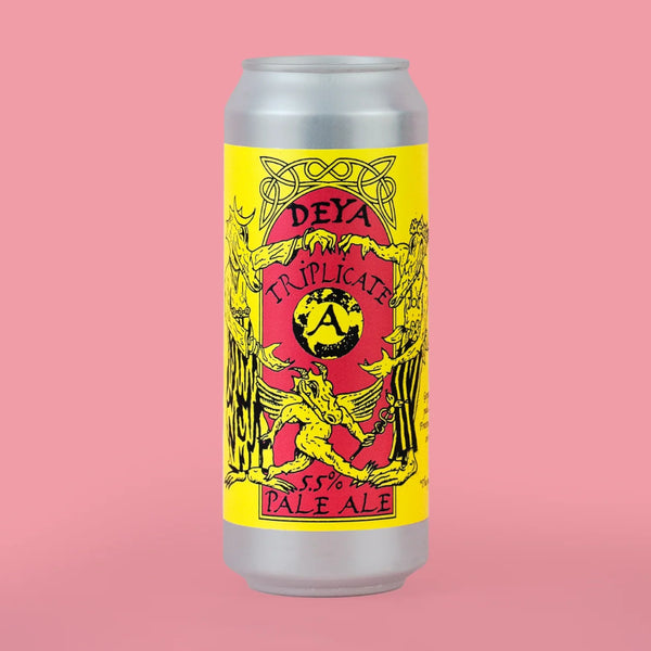 Silver beer can with a yellow and red label on a pink background