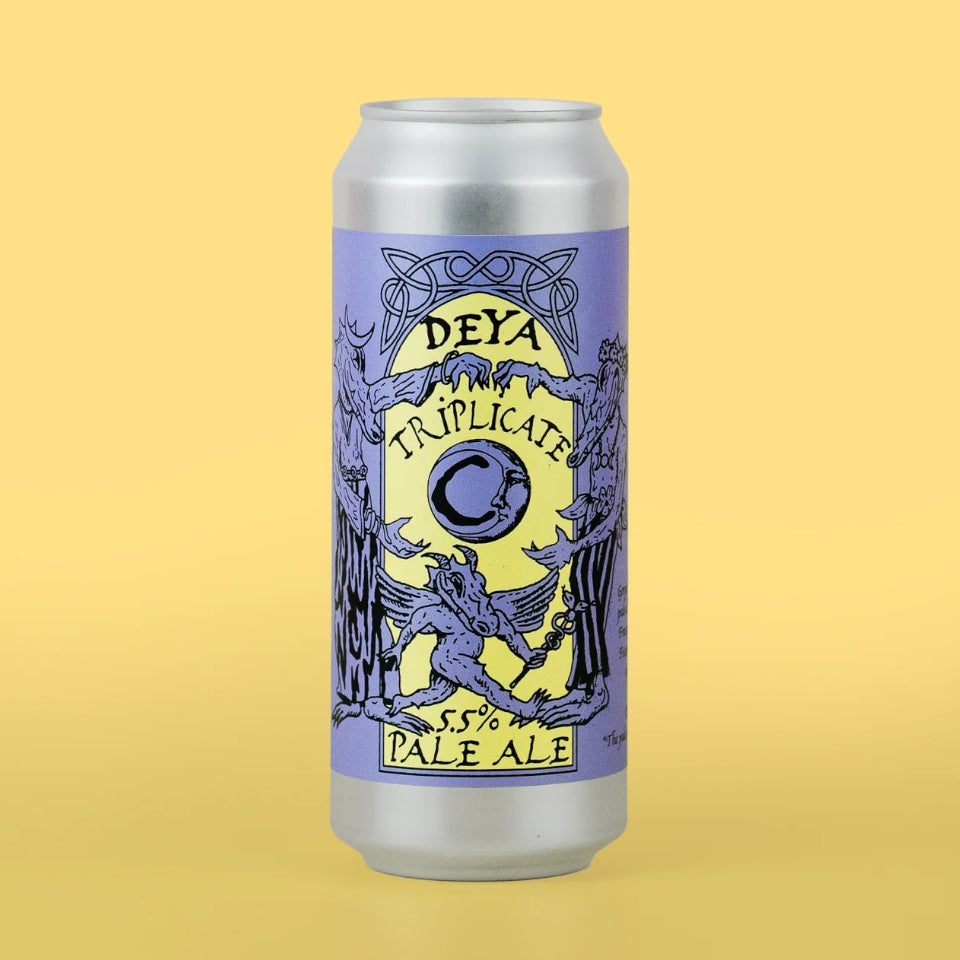 Silver can of Deya Pale Ale with a purple label on a yellow background