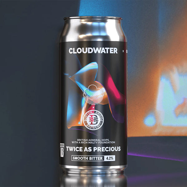 Cloudwater beer can with a colorful label on a dark background