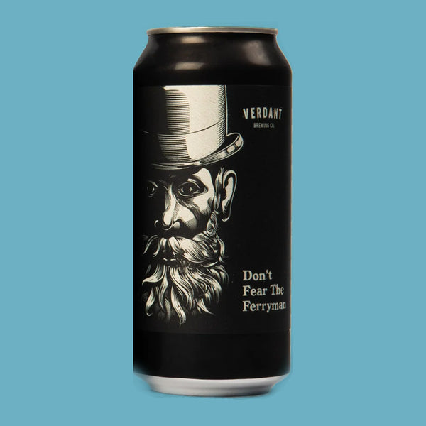 Beer can with a graphic of a bearded man in a top hat and the text 'Don't Fear The Ferryman' on a blue background.