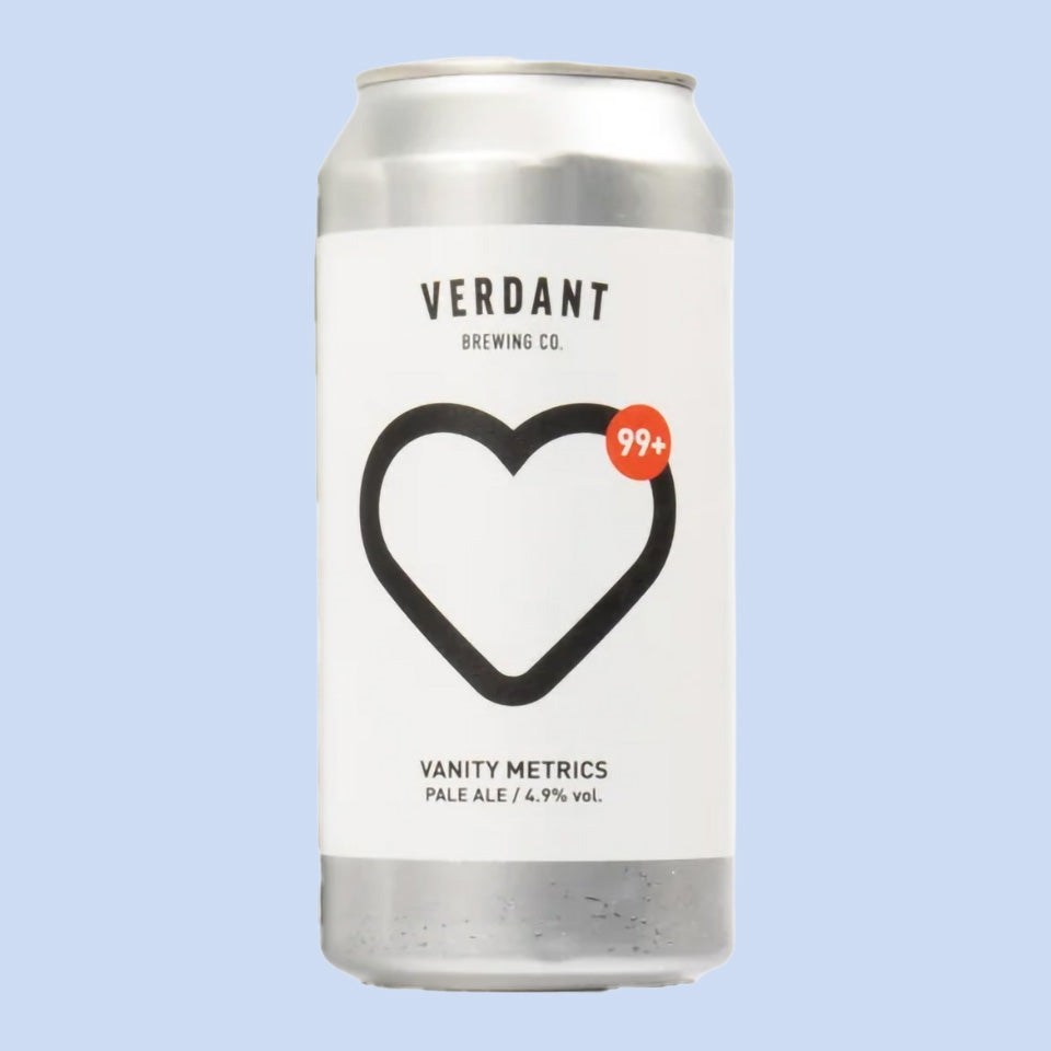 Silver can with 'Verdant Brewing Co.' branding on a light blue background