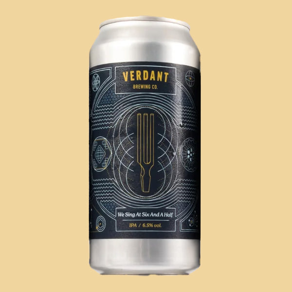 Beer can with 'Verdant Brewing Co' label on a beige background