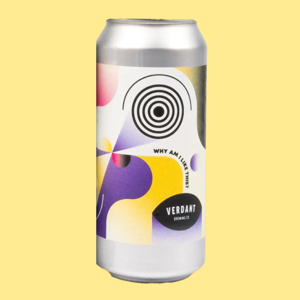 Beer can with colorful design and 'Verdant Brewing Co' branding on a yellow background