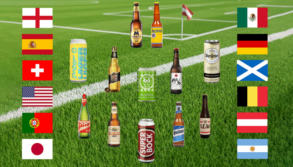 Assorted beer bottles and cans with international flags on a grass field background