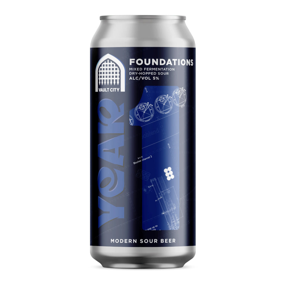 A single aluminum can of Malt City Foundations modern sour beer, featuring a dark blue and black label with white and light blue text and graphics, set against a plain white background.