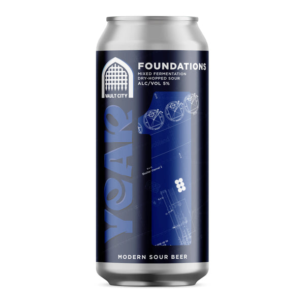 A single aluminum can of Malt City Foundations modern sour beer, featuring a dark blue and black label with white and light blue text and graphics, set against a plain white background.