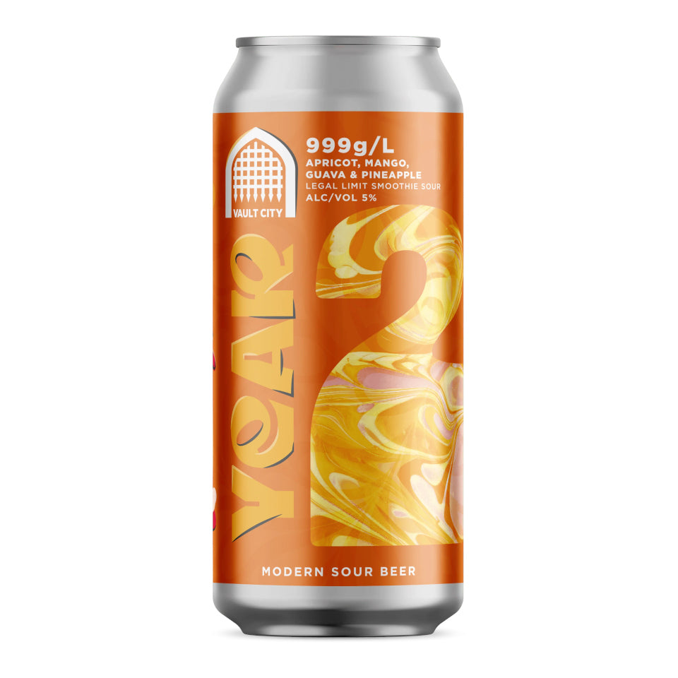 A 330ml aluminum can of Malt City Year 2 apricot mango guava and pineapple smoothie beer, featuring a vibrant orange label with a large stylized '2' and yellow swirls, set against a plain white background.