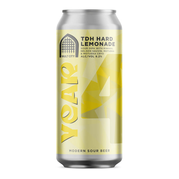 A single aluminum can of malt city TDH Hard Lemonade on a plain white background. The can features a light yellow and pale yellow label with black text and a large stylized '4' graphic.