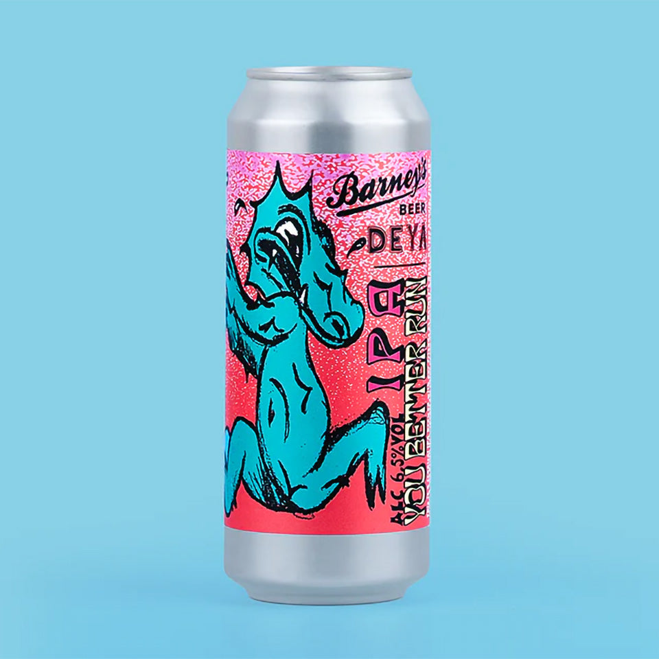 Beer can with colorful design on a blue background
