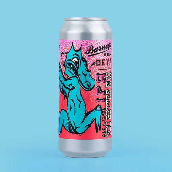 Beer can with colorful design on a blue background