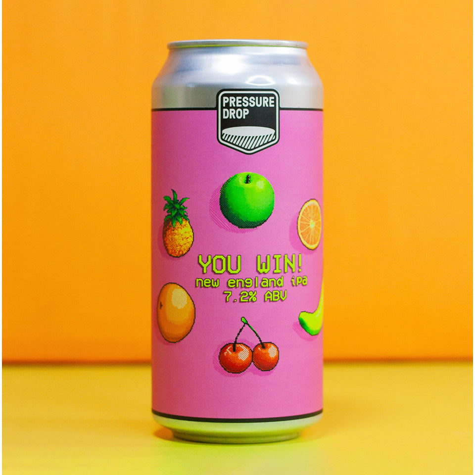 Pink beer can with fruit illustrations and 'Pressure Drop' branding on an orange background