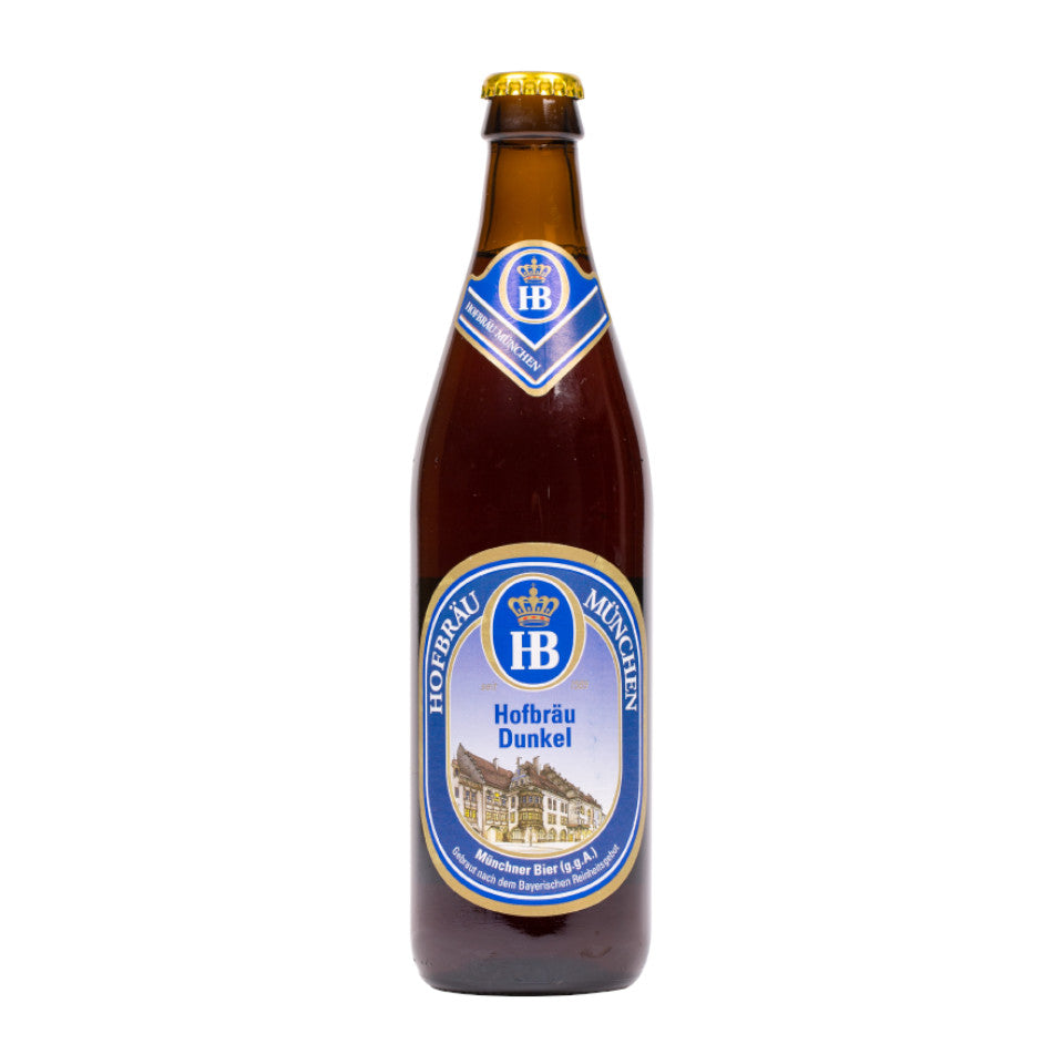 A bottle of Hofbrau Dunkel beer with a blue label, showcasing the brand logo and name, against a white background.