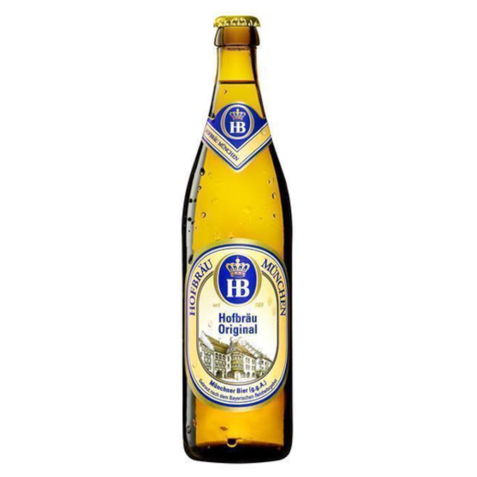 A bottle of Hofbrau Original Lager with a yellow label, blue and white text, and a crown emblem.
