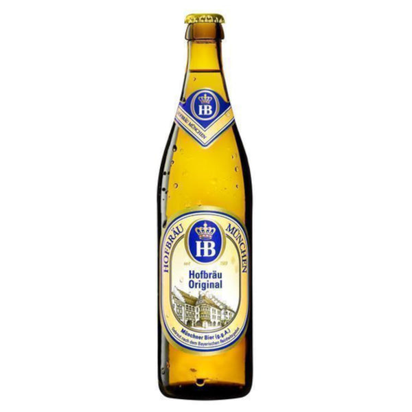 A bottle of Hofbrau Original Lager with a yellow label, blue and white text, and a crown emblem.