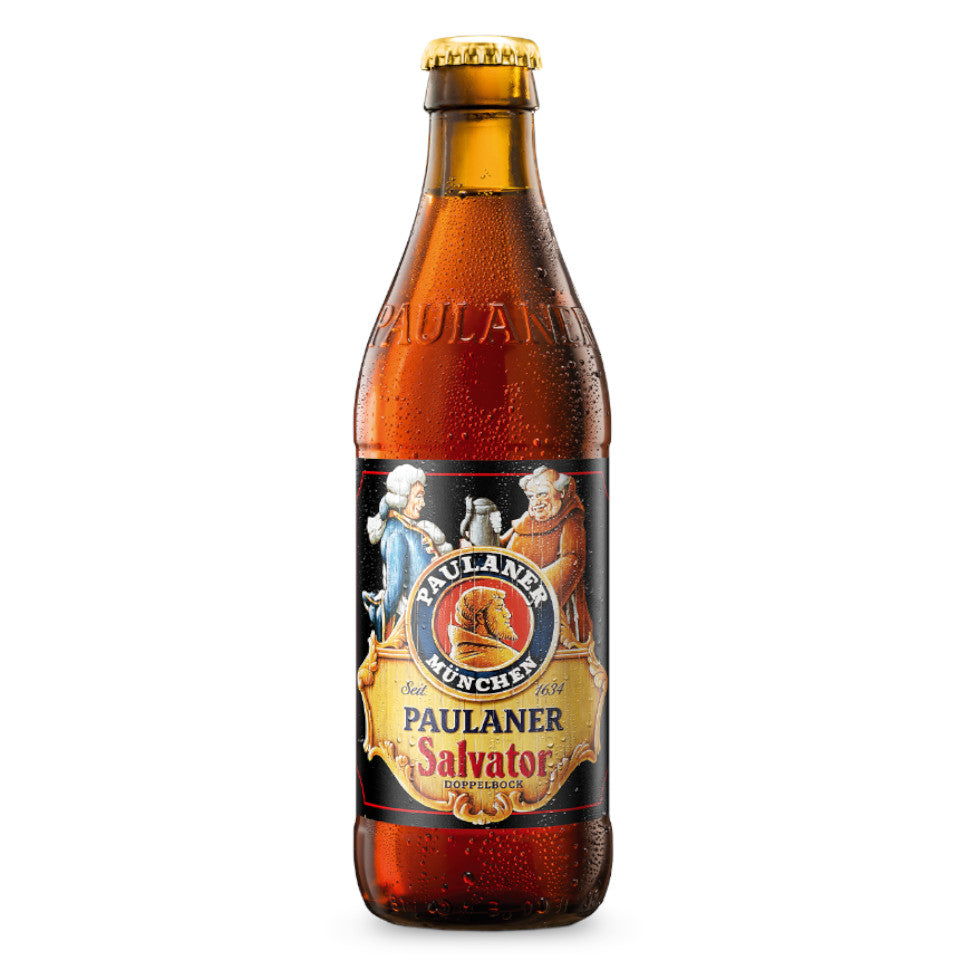 Beer bottle with 'Paulaner Salvator' label on a white background