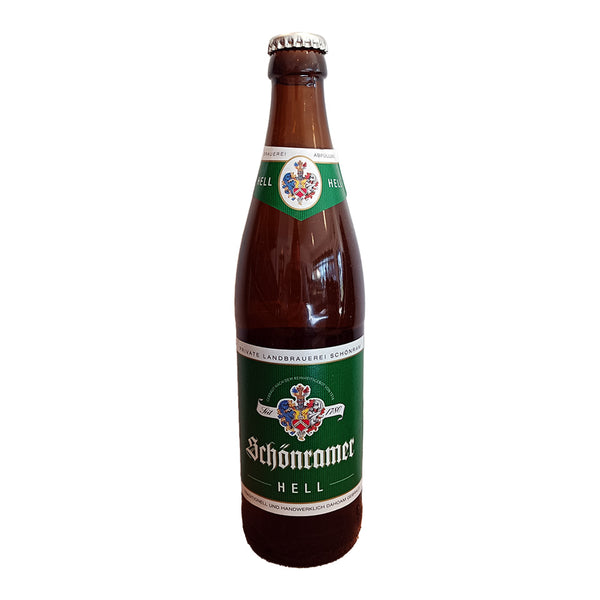 A bottle of Schonramer Hell Helles German Lager with a label that includes the brand name and the alcohol content of 5.0%.