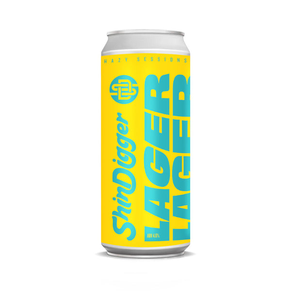 A can of Shindigger Lager with a yellow and blue label, indicating a 4.6% ABV volume and 'Brewed in Britain'.